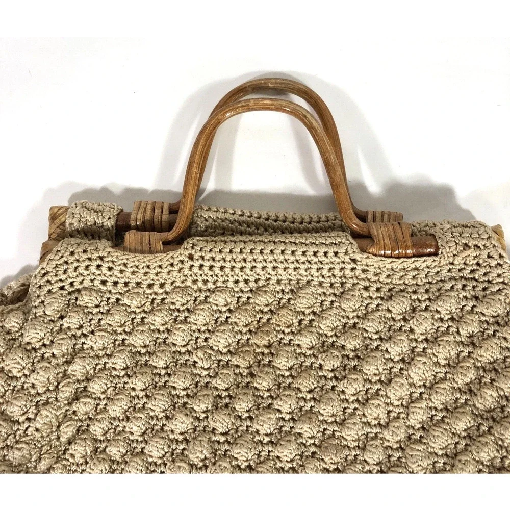 Vintage Crochet Wood Handle Handbag Tan Bauble Bubbles Lined Retro Neutral Beige